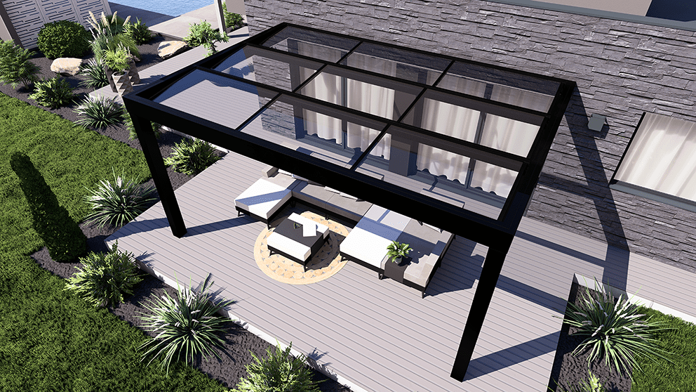 pergola au toit vitré normandie. innovation concept alu en aluminium et verre