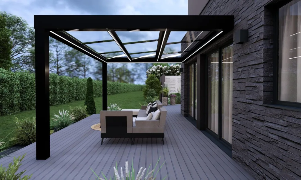 pergola verre normandie concept alu vue de côté. Structure en aluminium et toiture en verre, innovation conept alu